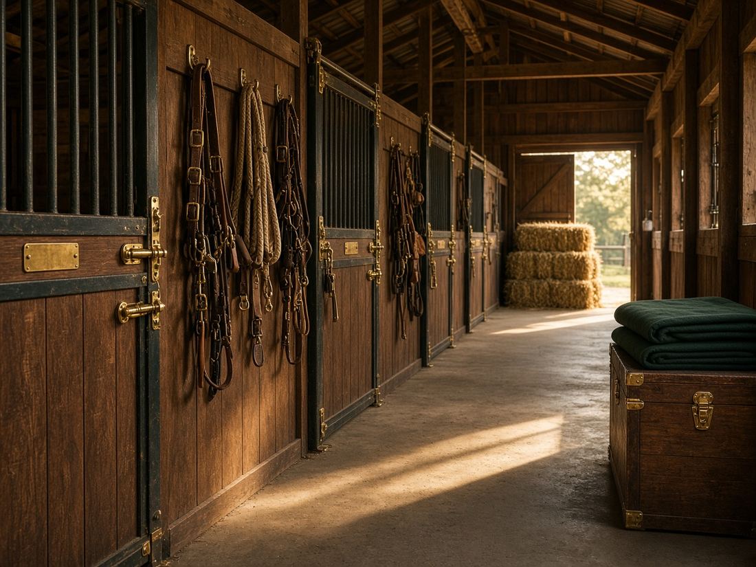 A clean barn aisle with stalls, halters, and lead ropes.