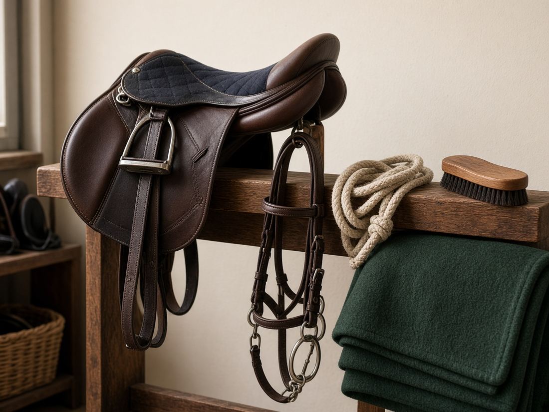Leather saddle, bridle, lead rope, and brush on a wooden rack in a tack room.